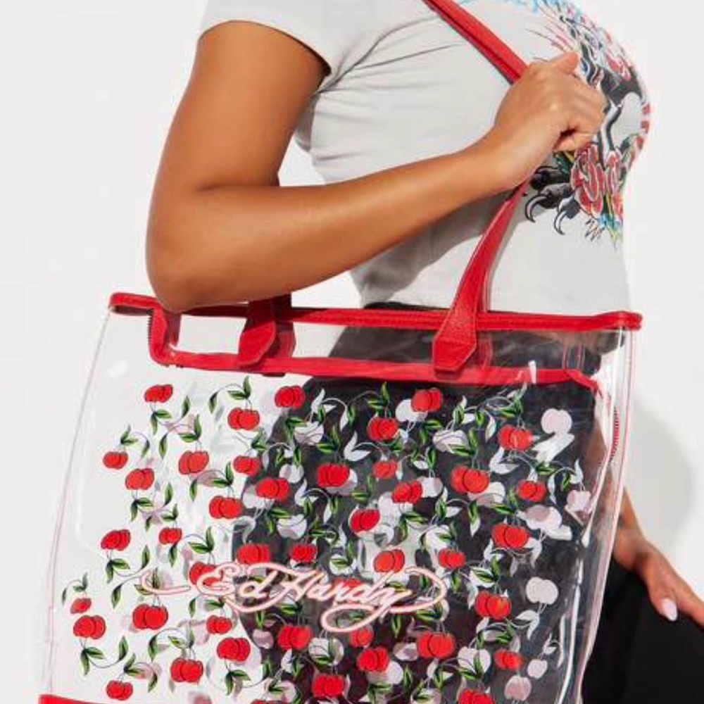 Ed Hardy Clear Tote with Red Cherry Print and Red Trim - Picture 7 of 7